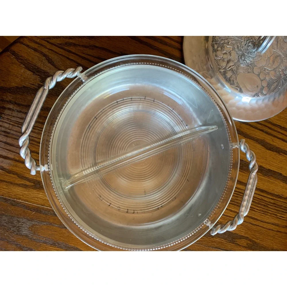 Vintage Hammered Aluminum Casserole Serving Dish with Divided Pyrex Insert 595